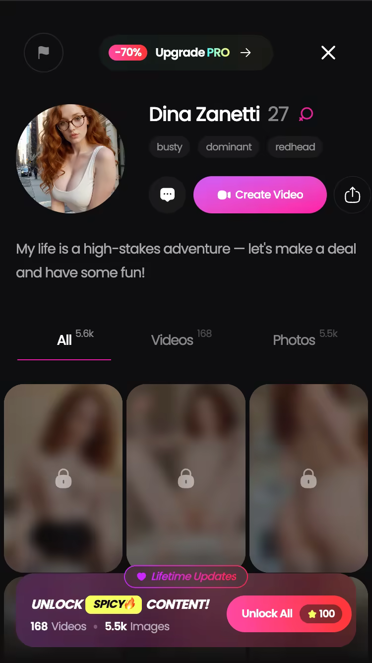 GoLove.ai character profile on mobile with All, Videos and Photos content library tabs