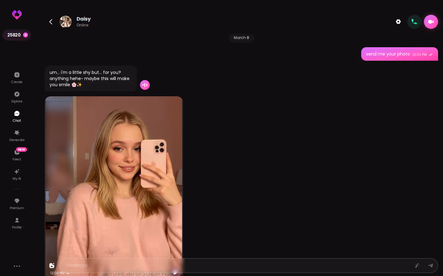 Long GoLove.ai desktop chat with several in-chat photos of the same character