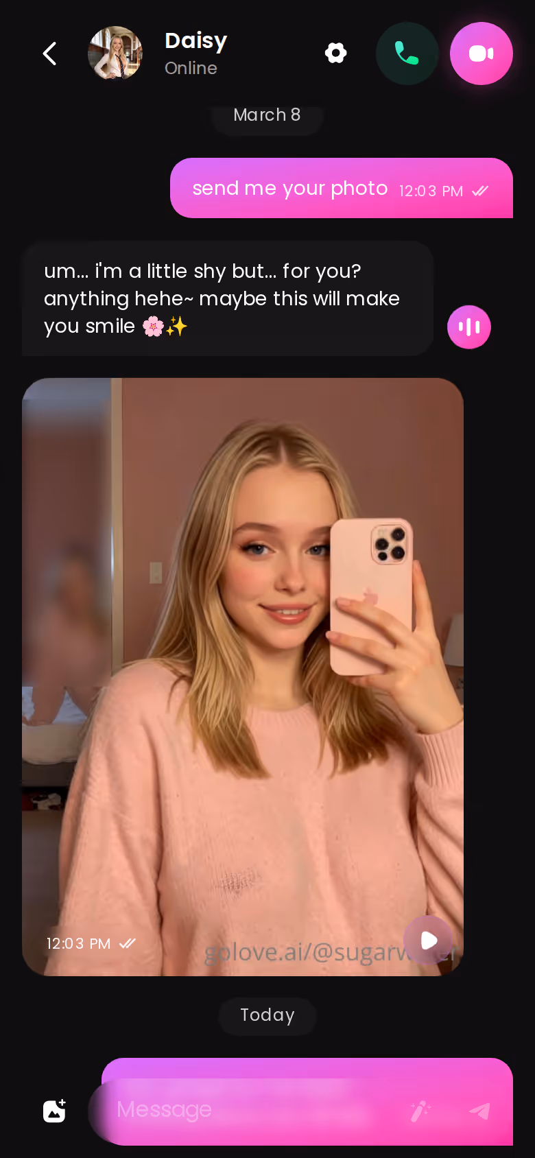A full GoLove mobile thread showing the instant-photo loop before paying