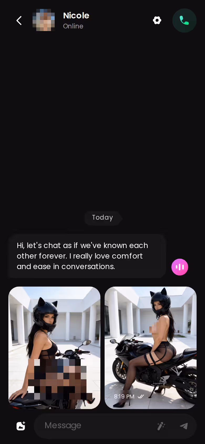 GoLove mobile chat with the voice-note button visible in the thread