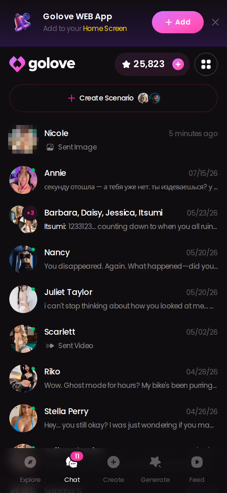 Mobile GoLove.ai chats list with last-message previews — tolan ai companion review