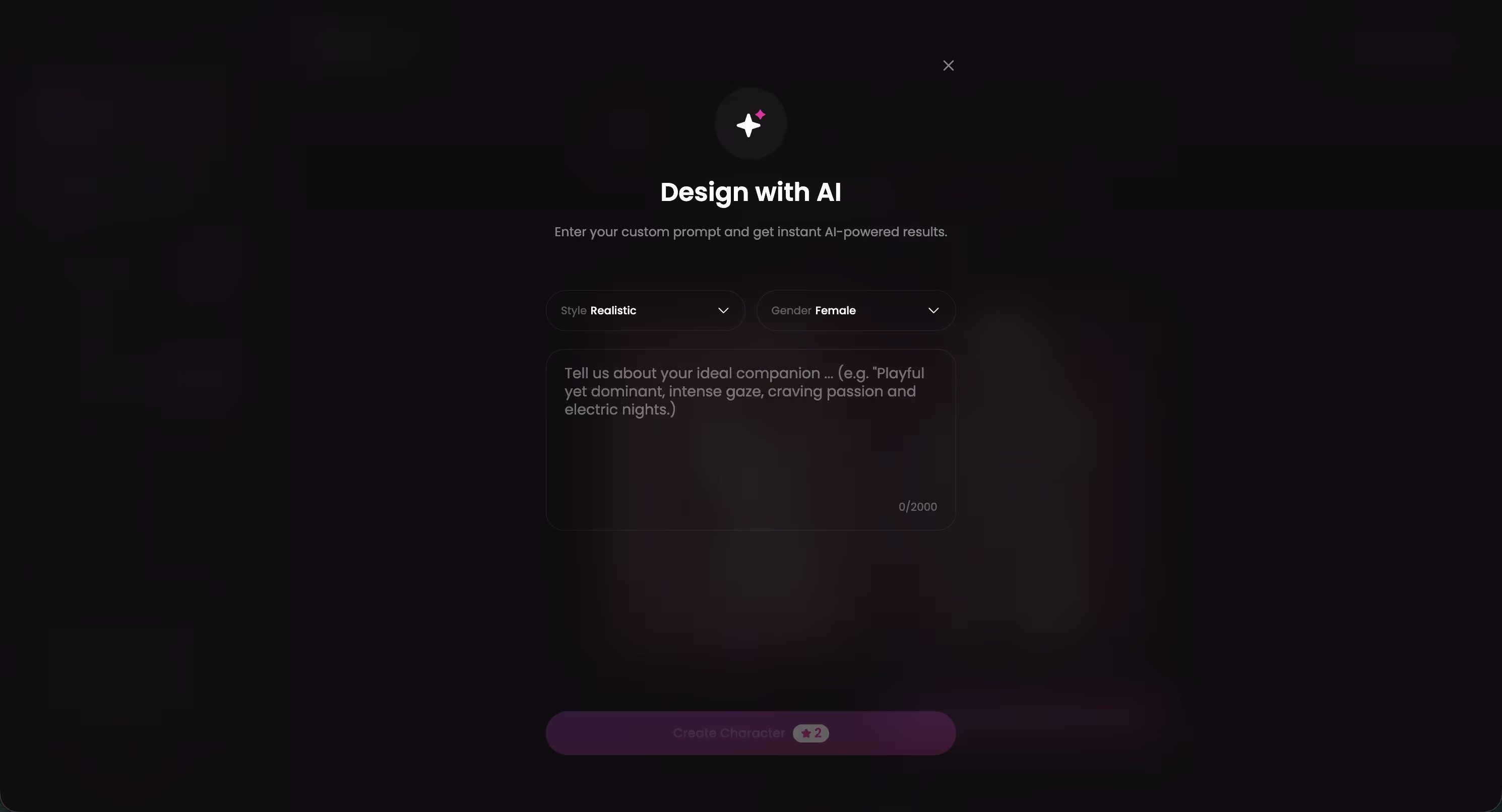 GoLove.ai Design with AI screen with a plain-text character description field