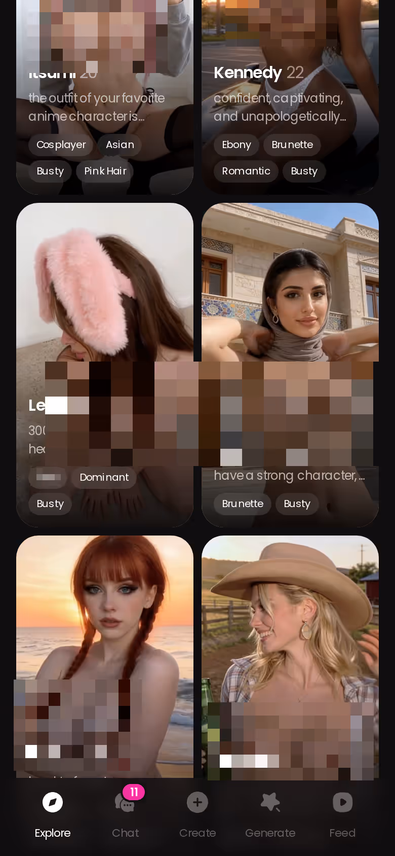 GoLove.ai mobile Explore page showing realistic AI girlfriend characters to browse