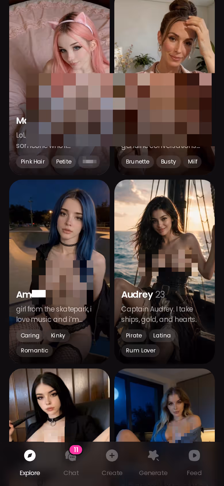 GoLove.ai Explore page on mobile showing realistic AI companions ready to chat
