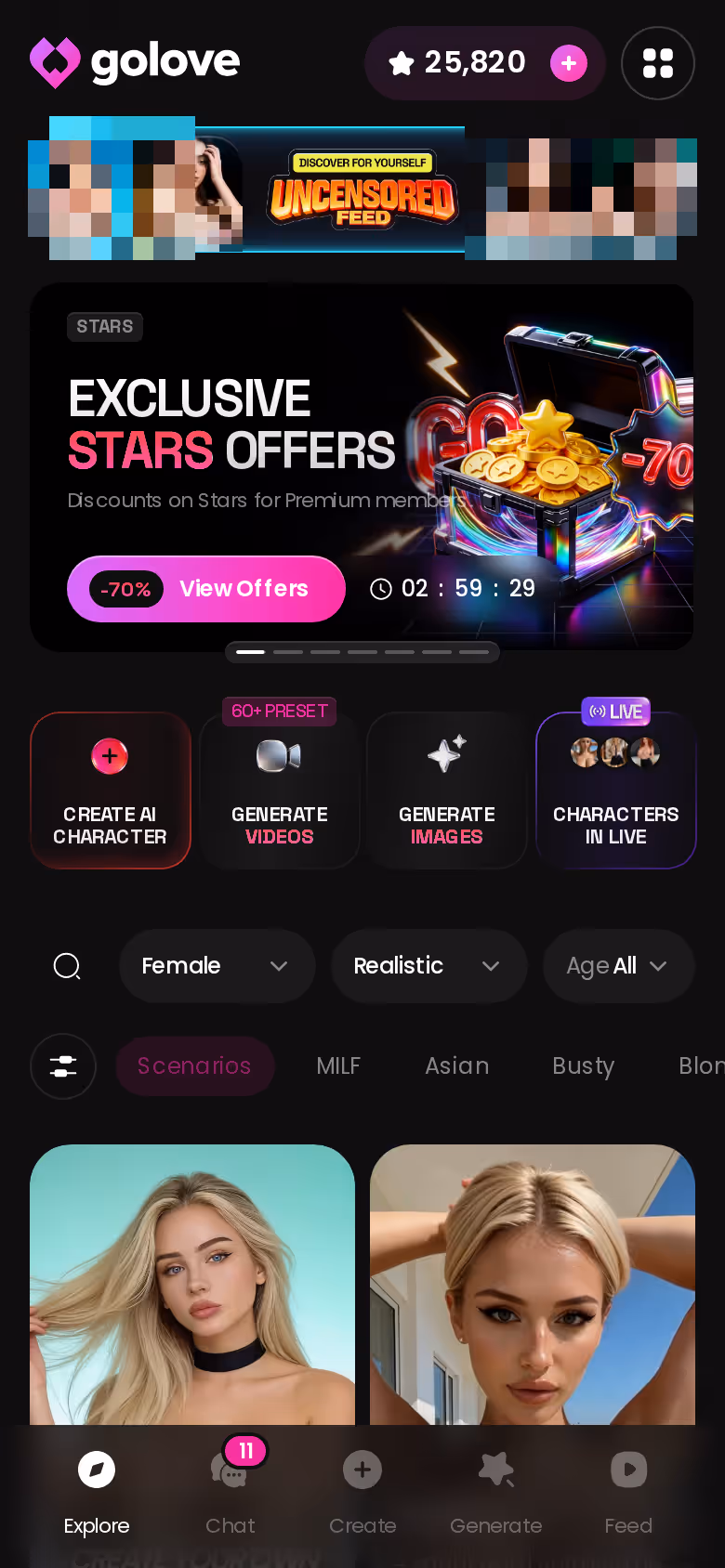 GoLove.ai's Explore screen on mobile showing realistic AI girlfriend characters ready to chat