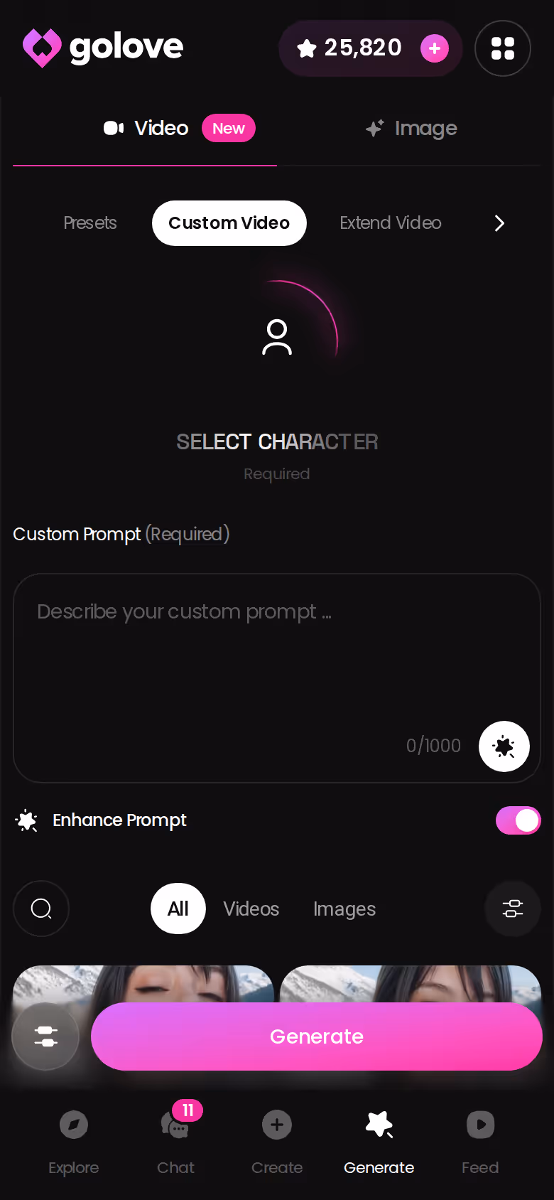 GoLove.ai video generator on mobile with action, clothes and background preset cards