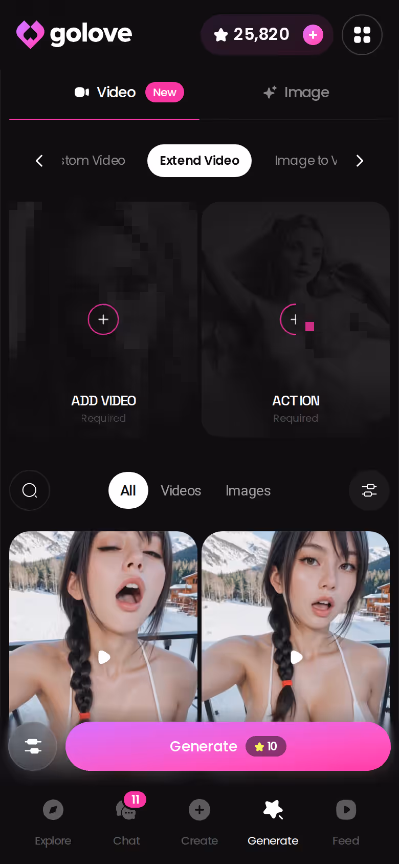 GoLove.ai Generate screen on mobile showing the Extend Video option