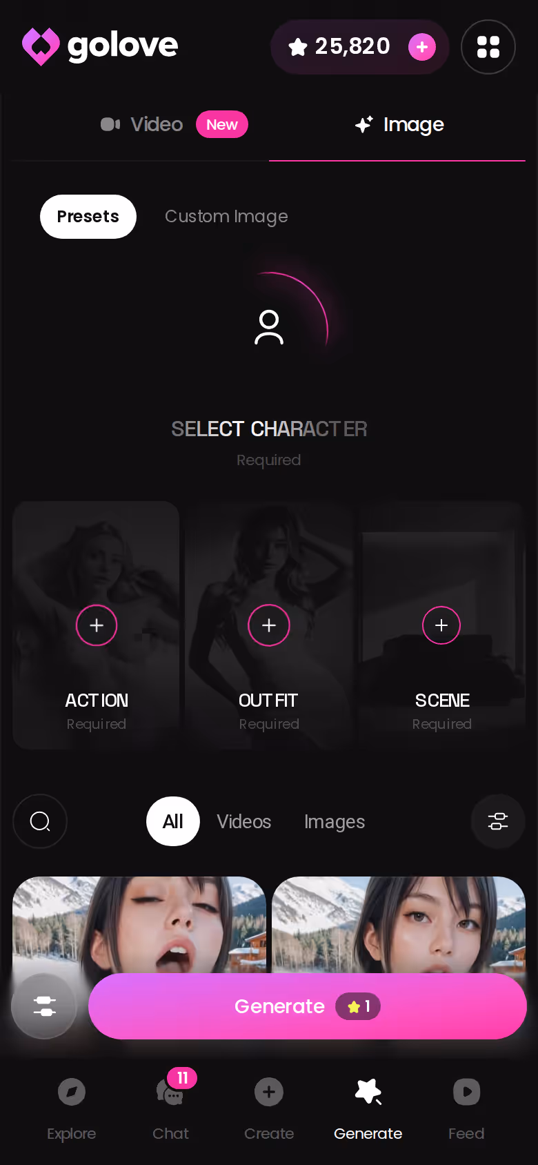 GoLove.ai image generation mode on mobile with pose and outfit options