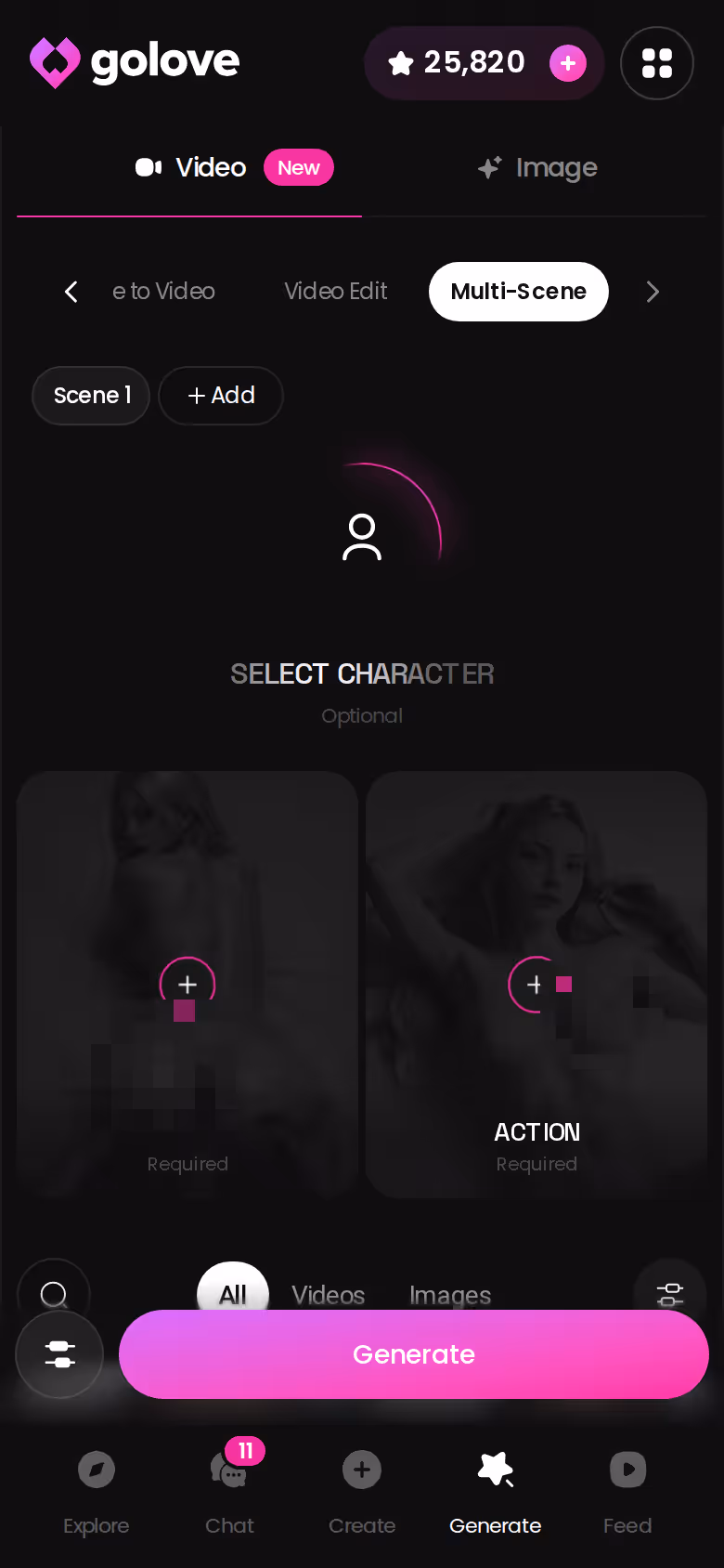 GoLove.ai mobile generator in Multi Scene mode, building one clip from several moments